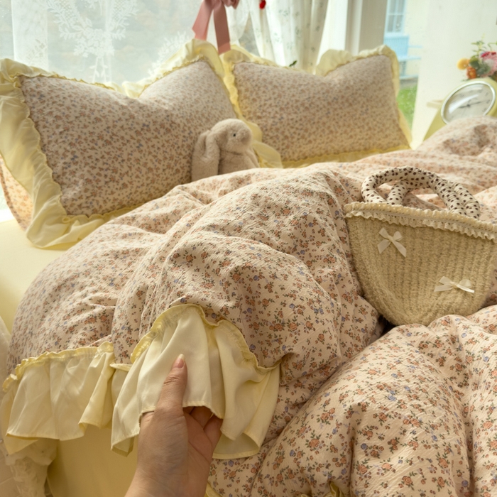 91家纺网 家纺一手货源 找家纺 （总）思诺羽床笠 2025新款开学季法式花边A类双层纱木棉四件套