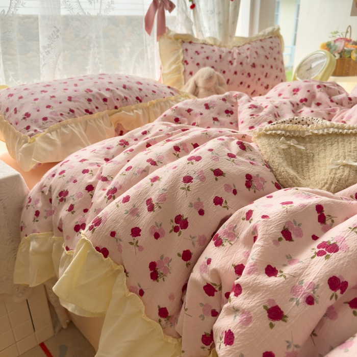 91家纺网 家纺一手货源 找家纺 思诺羽床笠 2025新款开学季法式花边A类双层纱木棉四件套 蔷薇花园