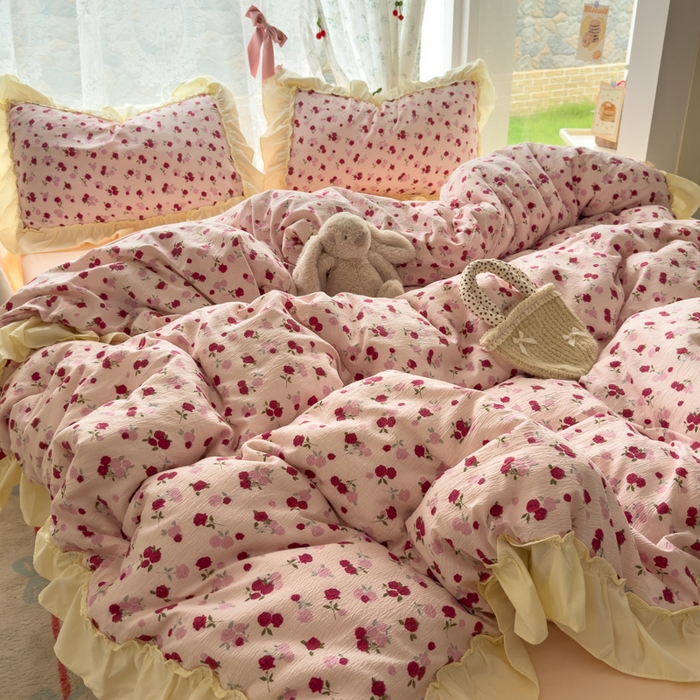 91家纺网 家纺一手货源 找家纺 思诺羽床笠 2025新款开学季法式花边A类双层纱木棉四件套 蔷薇花园