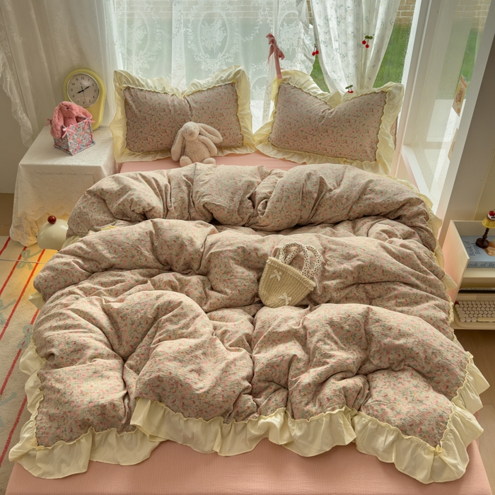 91家纺网 家纺一手货源 找家纺 思诺羽床笠 2025新款开学季法式花边A类双层纱木棉四件套 粉黛