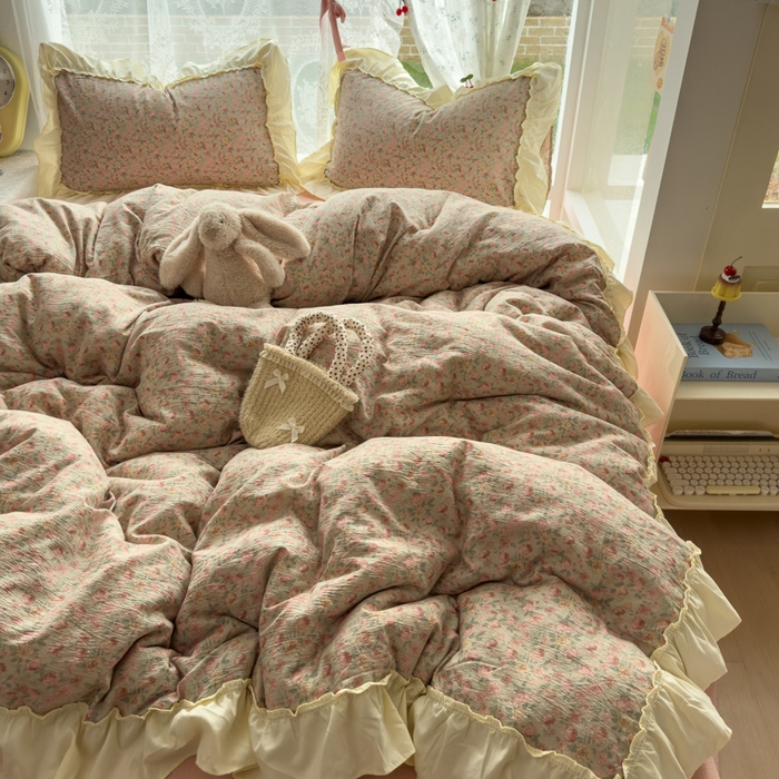 91家纺网 家纺一手货源 找家纺 思诺羽床笠 2025新款开学季法式花边A类双层纱木棉四件套 粉黛