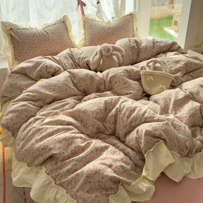 91家纺网 家纺一手货源 找家纺 思诺羽床笠 2025新款开学季法式花边A类双层纱木棉四件套 粉黛