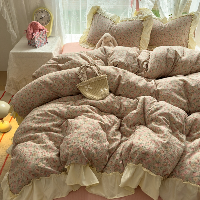 91家纺网 家纺一手货源 找家纺 思诺羽床笠 2025新款开学季法式花边A类双层纱木棉四件套 粉黛