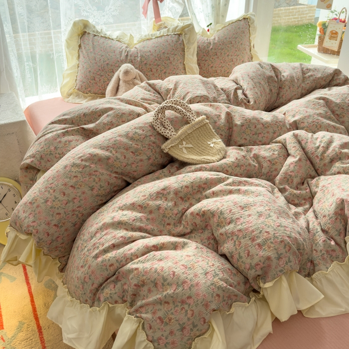 91家纺网 家纺一手货源 找家纺 思诺羽床笠 2025新款开学季法式花边A类双层纱木棉四件套 粉黛