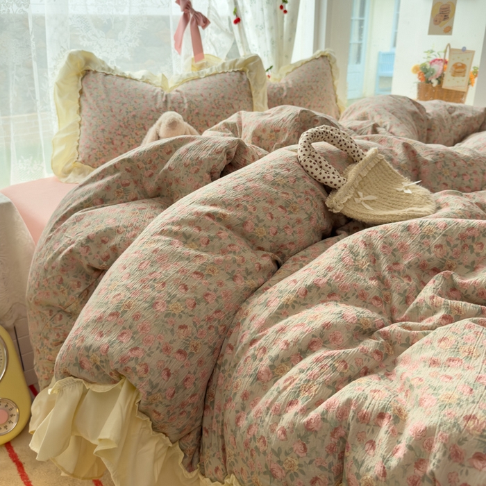 91家纺网 家纺一手货源 找家纺 思诺羽床笠 2025新款开学季法式花边A类双层纱木棉四件套 粉黛