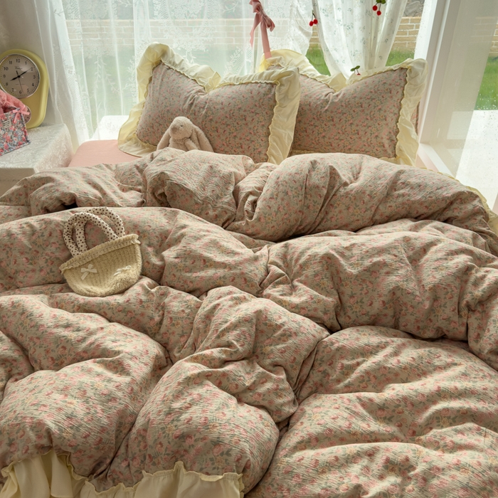 91家纺网 家纺一手货源 找家纺 思诺羽床笠 2025新款开学季法式花边A类双层纱木棉四件套 粉黛