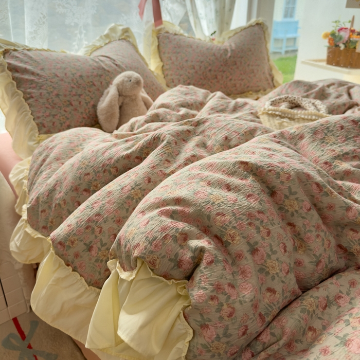 91家纺网 家纺一手货源 找家纺 思诺羽床笠 2025新款开学季法式花边A类双层纱木棉四件套 粉黛