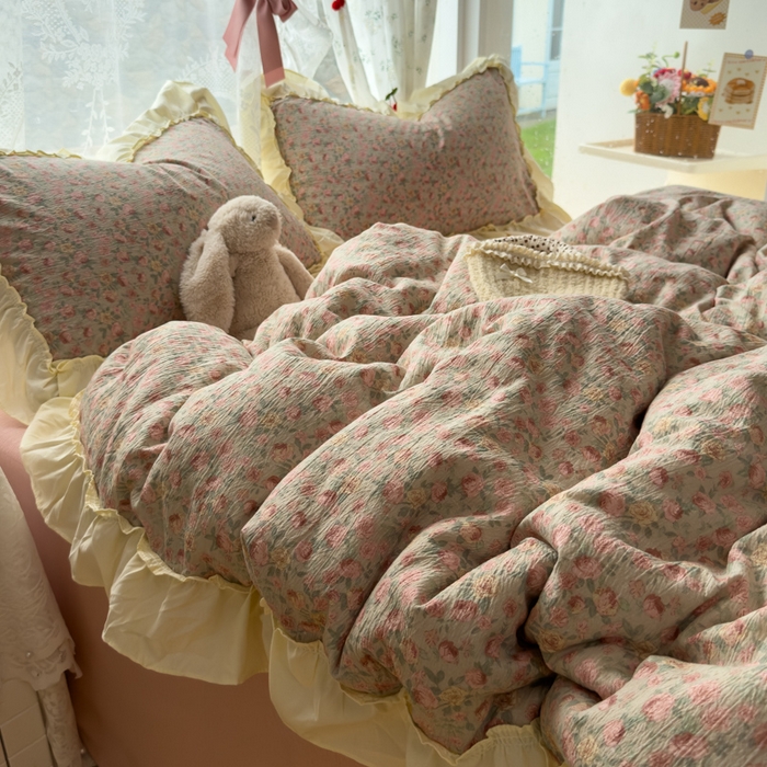 91家纺网 家纺一手货源 找家纺 思诺羽床笠 2025新款开学季法式花边A类双层纱木棉四件套 粉黛