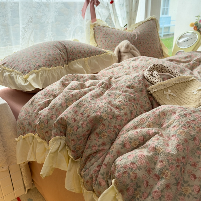 91家纺网 家纺一手货源 找家纺 思诺羽床笠 2025新款开学季法式花边A类双层纱木棉四件套 粉黛