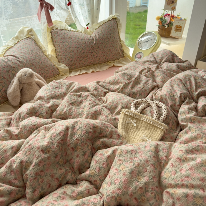 91家纺网 家纺一手货源 找家纺 思诺羽床笠 2025新款开学季法式花边A类双层纱木棉四件套 粉黛