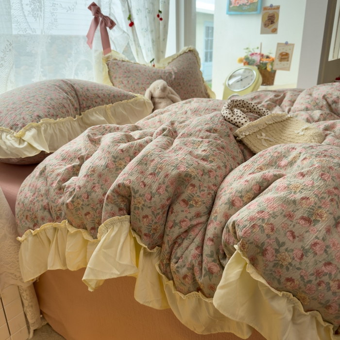 91家纺网 家纺一手货源 找家纺 思诺羽床笠 2025新款开学季法式花边A类双层纱木棉四件套 粉黛