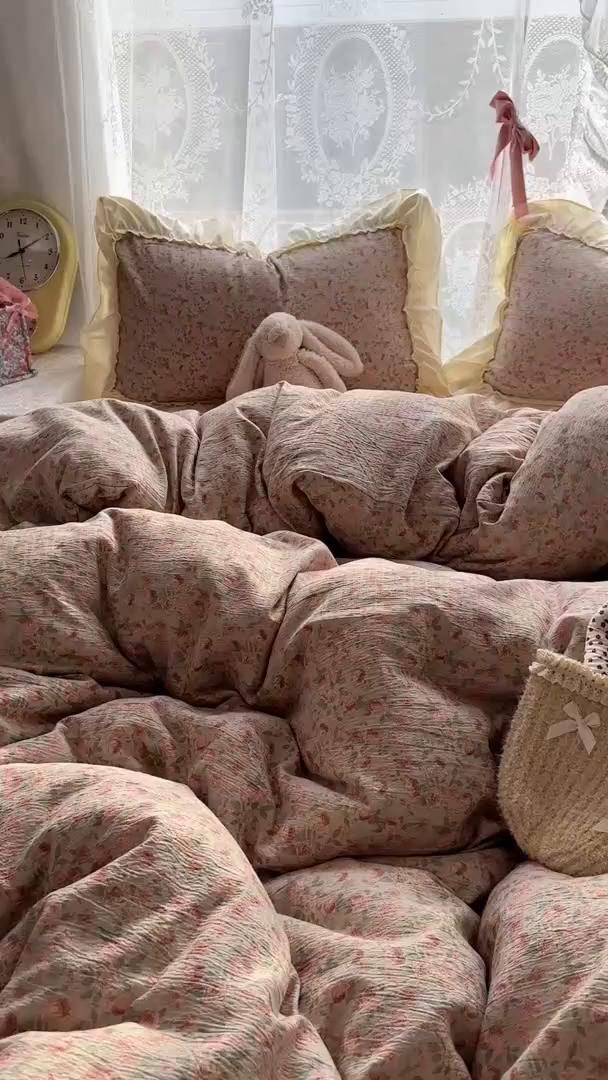 91家纺网 家纺一手货源 找家纺 思诺羽床笠 2025新款开学季法式花边A类双层纱木棉四件套 粉黛