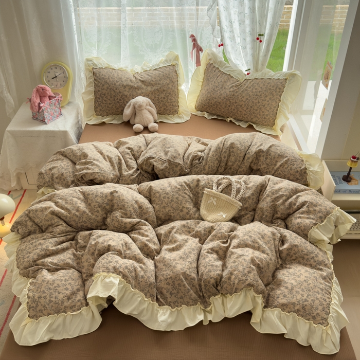 91家纺网 家纺一手货源 找家纺 思诺羽床笠 2025新款开学季法式花边A类双层纱木棉四件套 花涧溪