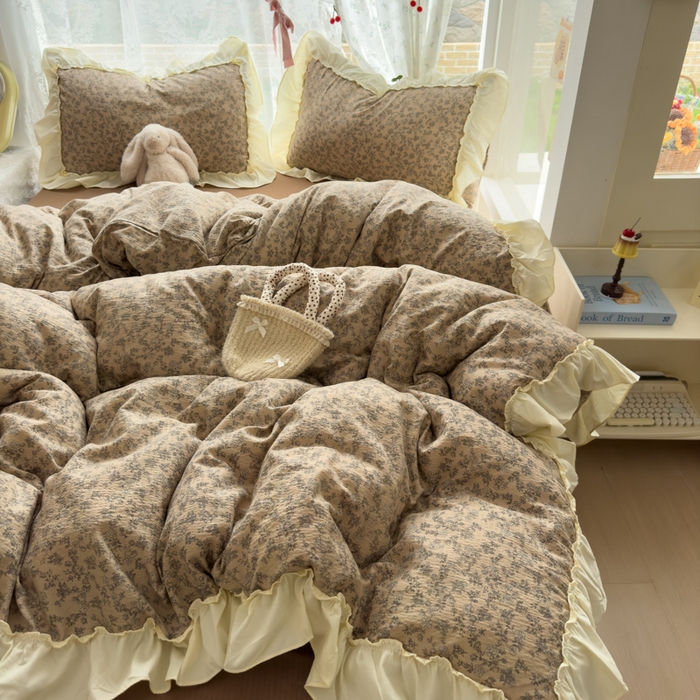 91家纺网 家纺一手货源 找家纺 思诺羽床笠 2025新款开学季法式花边A类双层纱木棉四件套 花涧溪