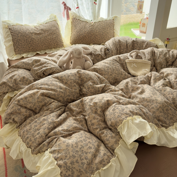 91家纺网 家纺一手货源 找家纺 思诺羽床笠 2025新款开学季法式花边A类双层纱木棉四件套 花涧溪