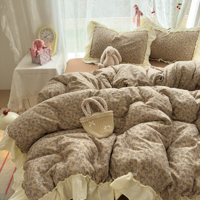 91家纺网 家纺一手货源 找家纺 思诺羽床笠 2025新款开学季法式花边A类双层纱木棉四件套 花涧溪