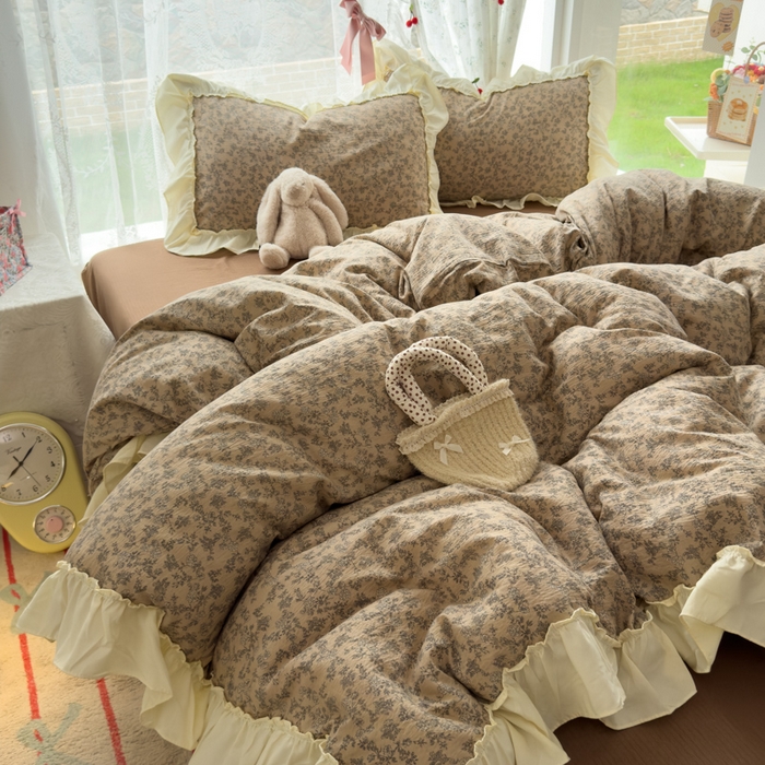 91家纺网 家纺一手货源 找家纺 思诺羽床笠 2025新款开学季法式花边A类双层纱木棉四件套 花涧溪