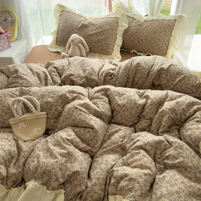 91家纺网 家纺一手货源 找家纺 思诺羽床笠 2025新款开学季法式花边A类双层纱木棉四件套 花涧溪