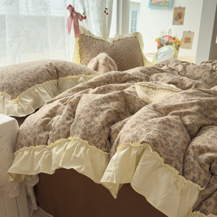 91家纺网 家纺一手货源 找家纺 思诺羽床笠 2025新款开学季法式花边A类双层纱木棉四件套 花涧溪