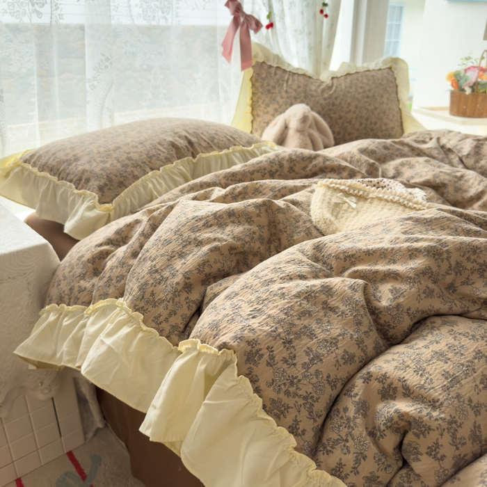 91家纺网 家纺一手货源 找家纺 思诺羽床笠 2025新款开学季法式花边A类双层纱木棉四件套 花涧溪