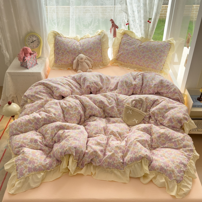 91家纺网 家纺一手货源 找家纺 思诺羽床笠 2025新款开学季法式花边A类双层纱木棉四件套 花漾