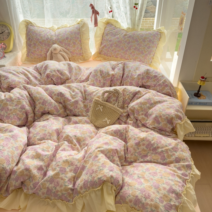 91家纺网 家纺一手货源 找家纺 思诺羽床笠 2025新款开学季法式花边A类双层纱木棉四件套 花漾