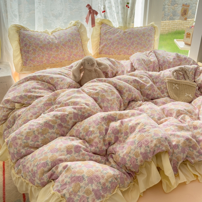 91家纺网 家纺一手货源 找家纺 思诺羽床笠 2025新款开学季法式花边A类双层纱木棉四件套 花漾