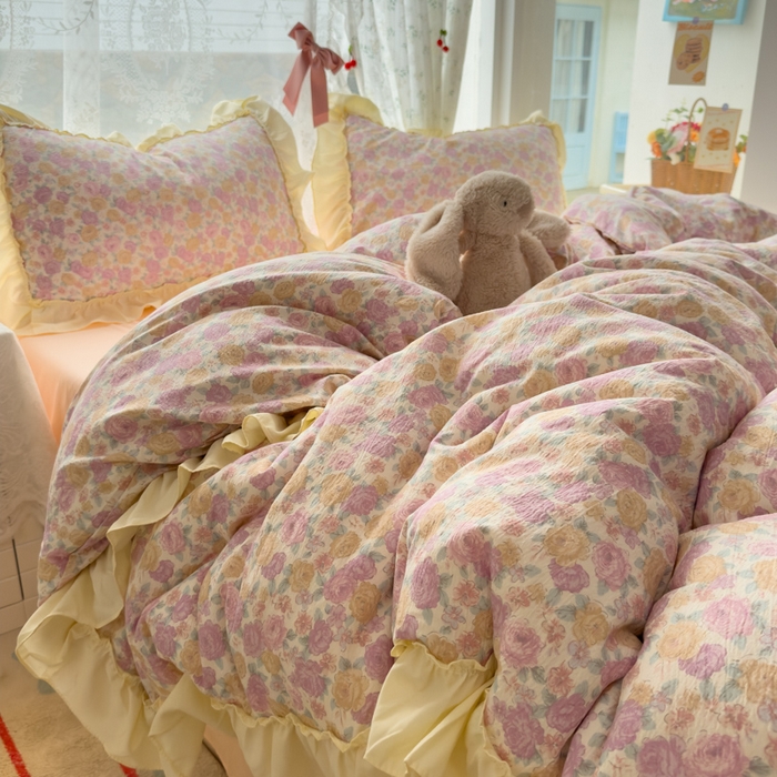 91家纺网 家纺一手货源 找家纺 思诺羽床笠 2025新款开学季法式花边A类双层纱木棉四件套 花漾