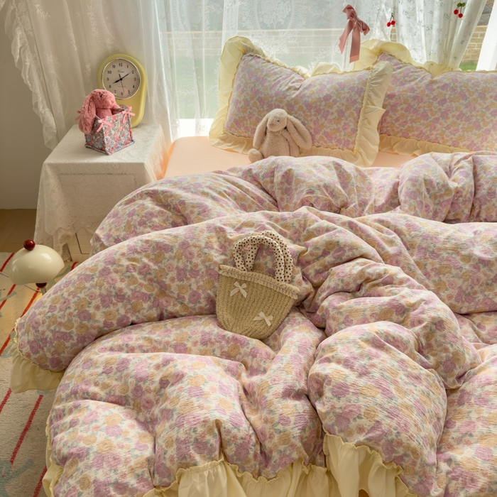 91家纺网 家纺一手货源 找家纺 思诺羽床笠 2025新款开学季法式花边A类双层纱木棉四件套 花漾