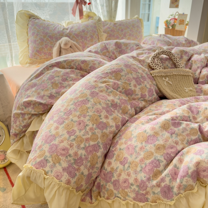 91家纺网 家纺一手货源 找家纺 思诺羽床笠 2025新款开学季法式花边A类双层纱木棉四件套 花漾