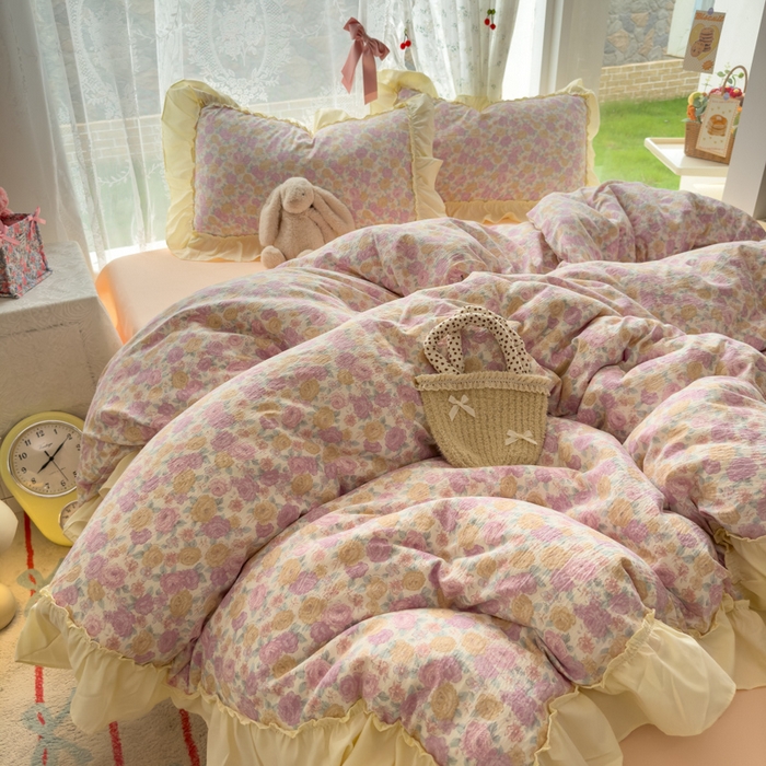 91家纺网 家纺一手货源 找家纺 思诺羽床笠 2025新款开学季法式花边A类双层纱木棉四件套 花漾