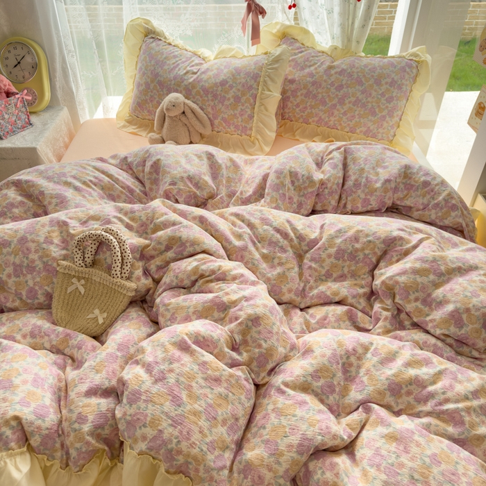 91家纺网 家纺一手货源 找家纺 思诺羽床笠 2025新款开学季法式花边A类双层纱木棉四件套 花漾