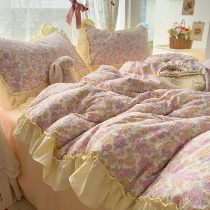 91家纺网 家纺一手货源 找家纺 思诺羽床笠 2025新款开学季法式花边A类双层纱木棉四件套 花漾