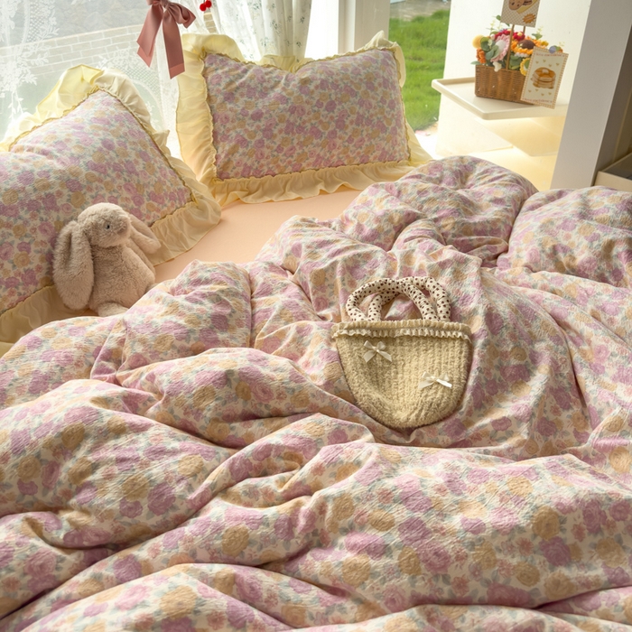 91家纺网 家纺一手货源 找家纺 思诺羽床笠 2025新款开学季法式花边A类双层纱木棉四件套 花漾