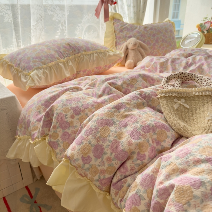 91家纺网 家纺一手货源 找家纺 思诺羽床笠 2025新款开学季法式花边A类双层纱木棉四件套 花漾