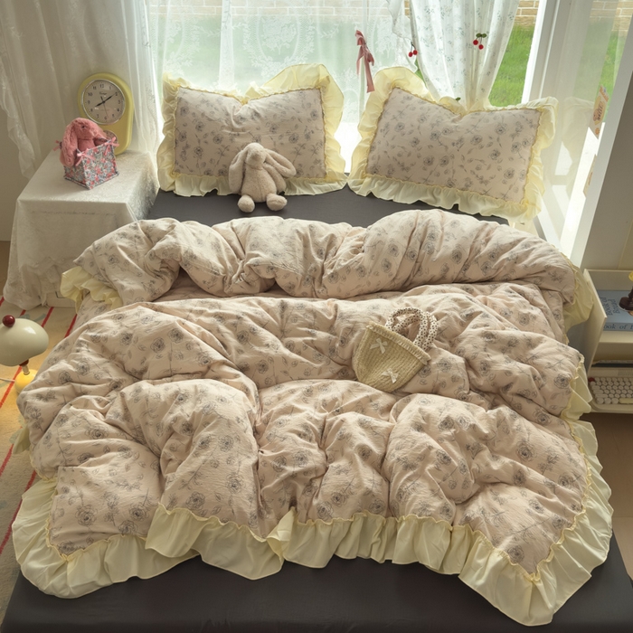 91家纺网 家纺一手货源 找家纺 思诺羽床笠 2025新款开学季法式花边A类双层纱木棉四件套 玫瑰花语