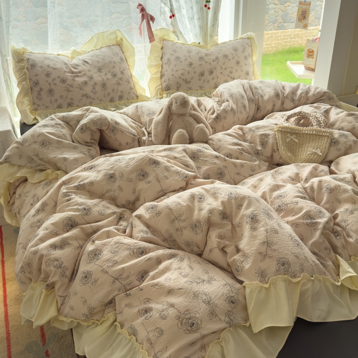 91家纺网 家纺一手货源 找家纺 思诺羽床笠 2025新款开学季法式花边A类双层纱木棉四件套 玫瑰花语