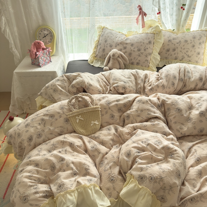 91家纺网 家纺一手货源 找家纺 思诺羽床笠 2025新款开学季法式花边A类双层纱木棉四件套 玫瑰花语