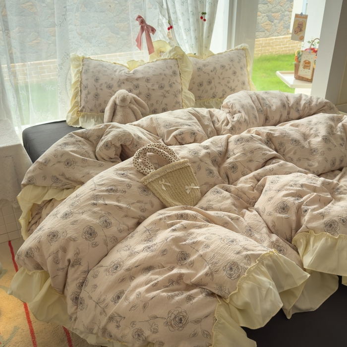 91家纺网 家纺一手货源 找家纺 思诺羽床笠 2025新款开学季法式花边A类双层纱木棉四件套 玫瑰花语