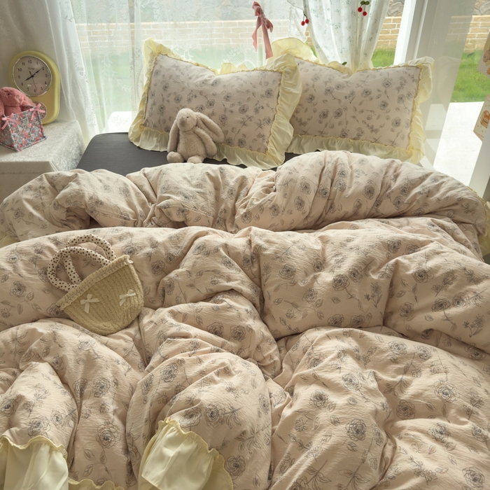 91家纺网 家纺一手货源 找家纺 思诺羽床笠 2025新款开学季法式花边A类双层纱木棉四件套 玫瑰花语