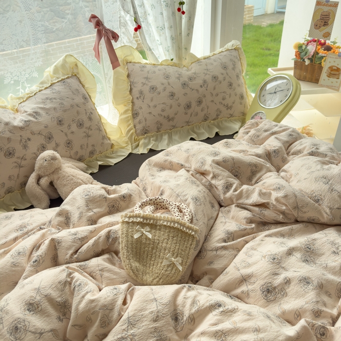 91家纺网 家纺一手货源 找家纺 思诺羽床笠 2025新款开学季法式花边A类双层纱木棉四件套 玫瑰花语