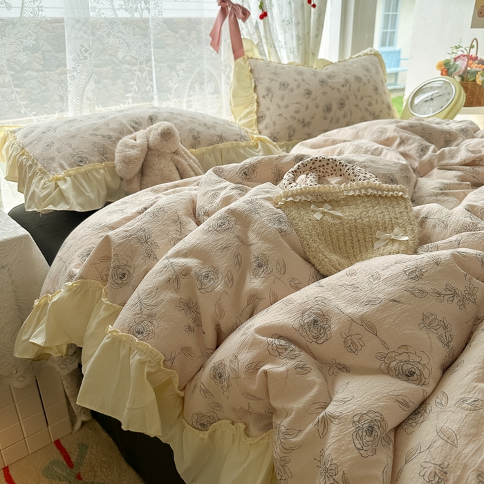 91家纺网 家纺一手货源 找家纺 思诺羽床笠 2025新款开学季法式花边A类双层纱木棉四件套 玫瑰花语