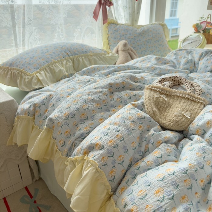 91家纺网 家纺一手货源 找家纺 思诺羽床笠 2025新款开学季法式花边A类双层纱木棉四件套 小雏菊