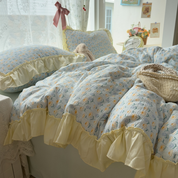 91家纺网 家纺一手货源 找家纺 思诺羽床笠 2025新款开学季法式花边A类双层纱木棉四件套 小雏菊