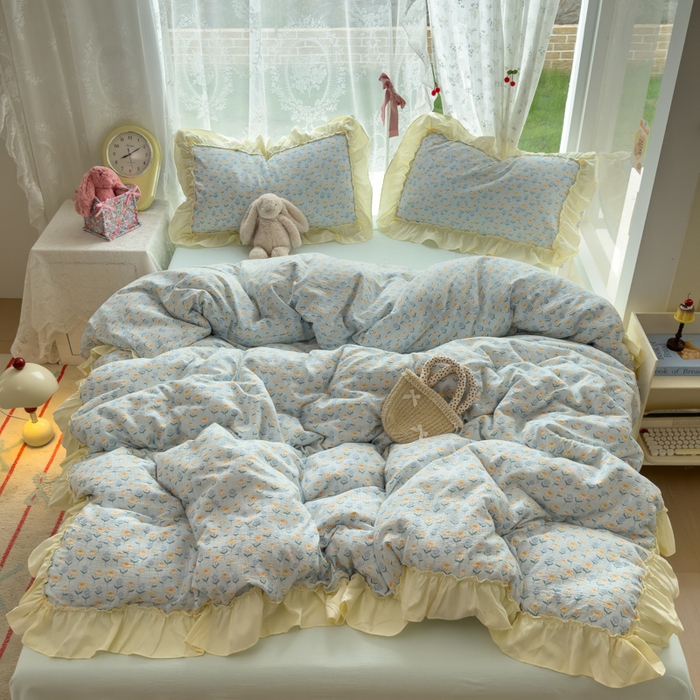 91家纺网 家纺一手货源 找家纺 思诺羽床笠 2025新款开学季法式花边A类双层纱木棉四件套 小雏菊