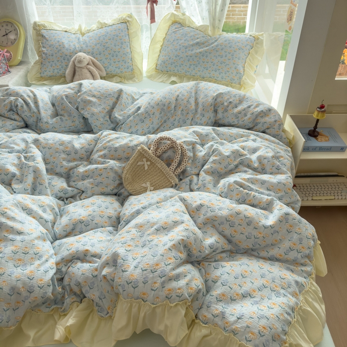 91家纺网 家纺一手货源 找家纺 思诺羽床笠 2025新款开学季法式花边A类双层纱木棉四件套 小雏菊