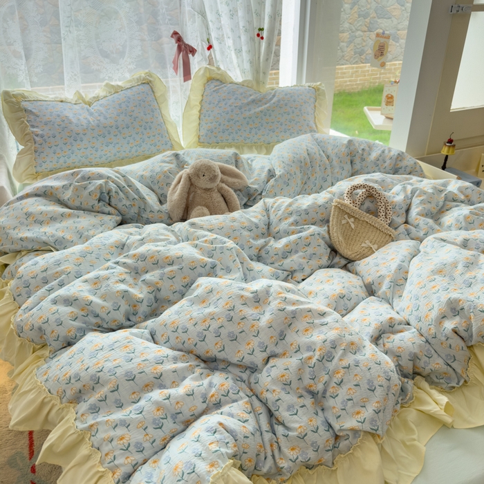 91家纺网 家纺一手货源 找家纺 思诺羽床笠 2025新款开学季法式花边A类双层纱木棉四件套 小雏菊