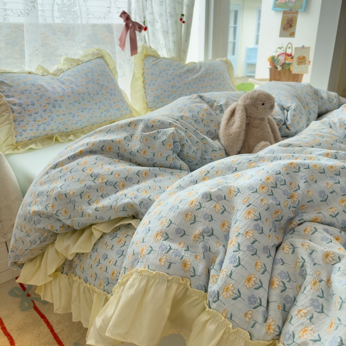 91家纺网 家纺一手货源 找家纺 思诺羽床笠 2025新款开学季法式花边A类双层纱木棉四件套 小雏菊