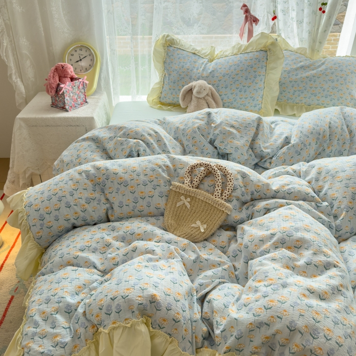 91家纺网 家纺一手货源 找家纺 思诺羽床笠 2025新款开学季法式花边A类双层纱木棉四件套 小雏菊