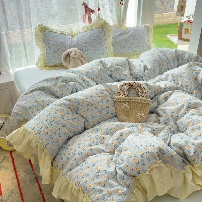 91家纺网 家纺一手货源 找家纺 思诺羽床笠 2025新款开学季法式花边A类双层纱木棉四件套 小雏菊